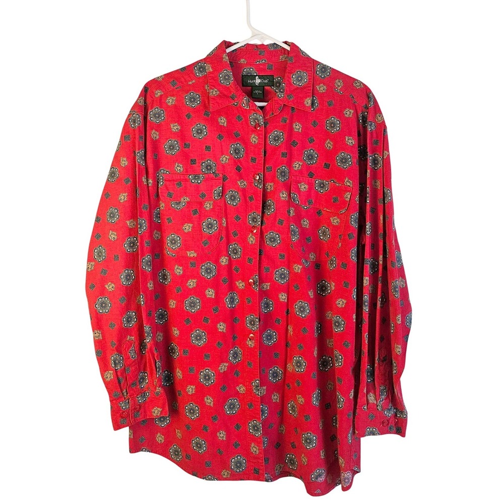 Hunt Club Vintage Red Green Medallion Button Down Shirt Long Sleeve Large Cotton
